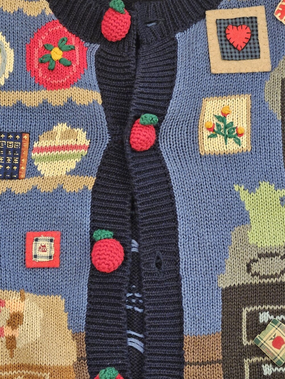 VTG 1995 Susan Bristol Cardigan Sweater Medium Folk Art Kitchen Art To Wear - Picture 4 of 11